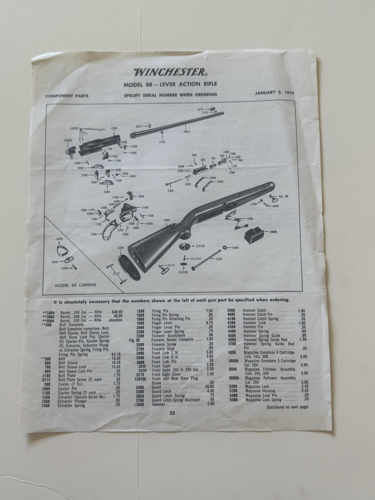 1974 WINCHESTER Model 88 – Lever Action Rifle Component Parts