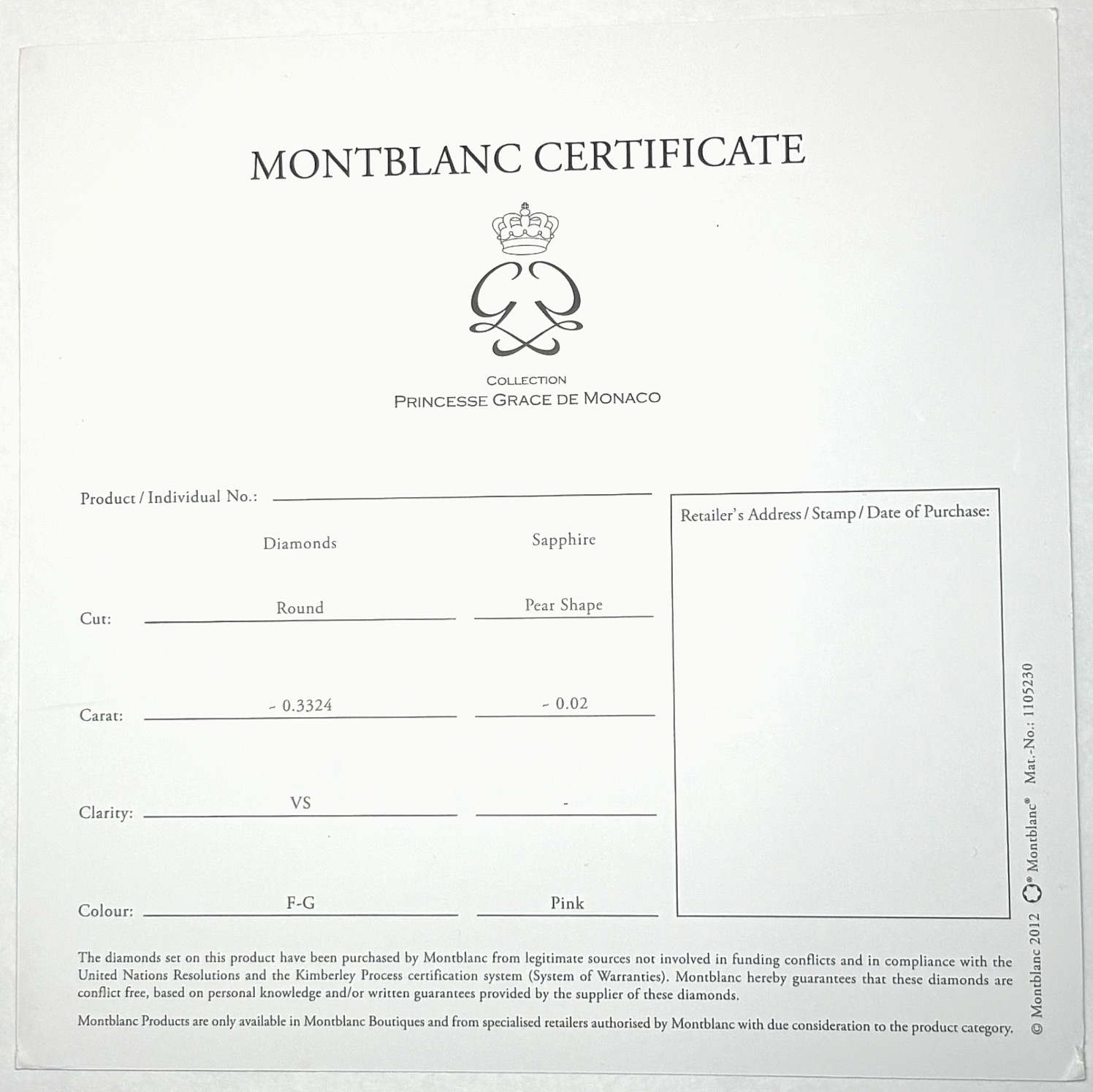 MontBlanc Princesse Grace de Monaco Swiss International Certificate Warranty