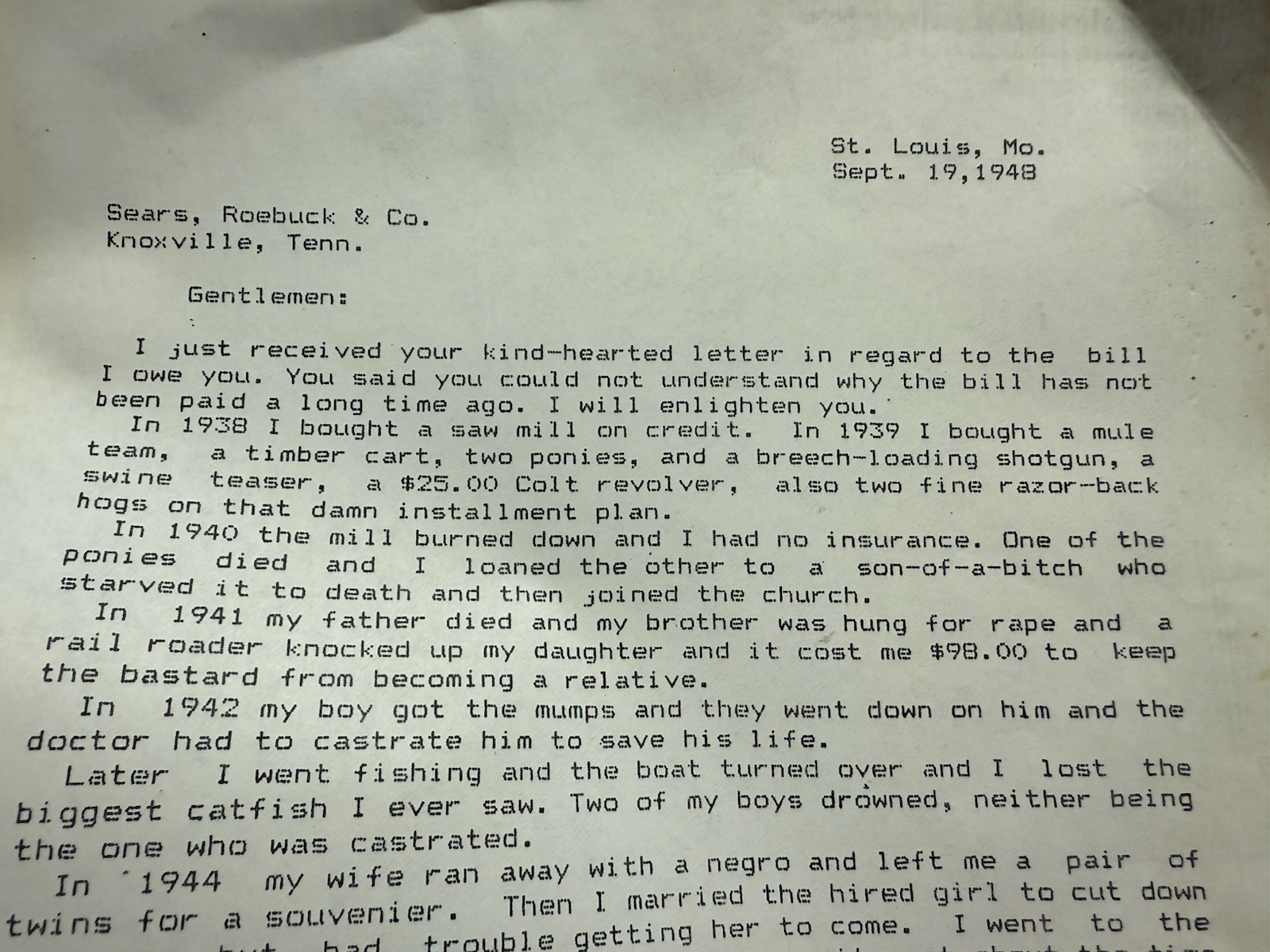 VTG HILARIOUS Sears Roebuck and Co Letter Unpaid Customer Story