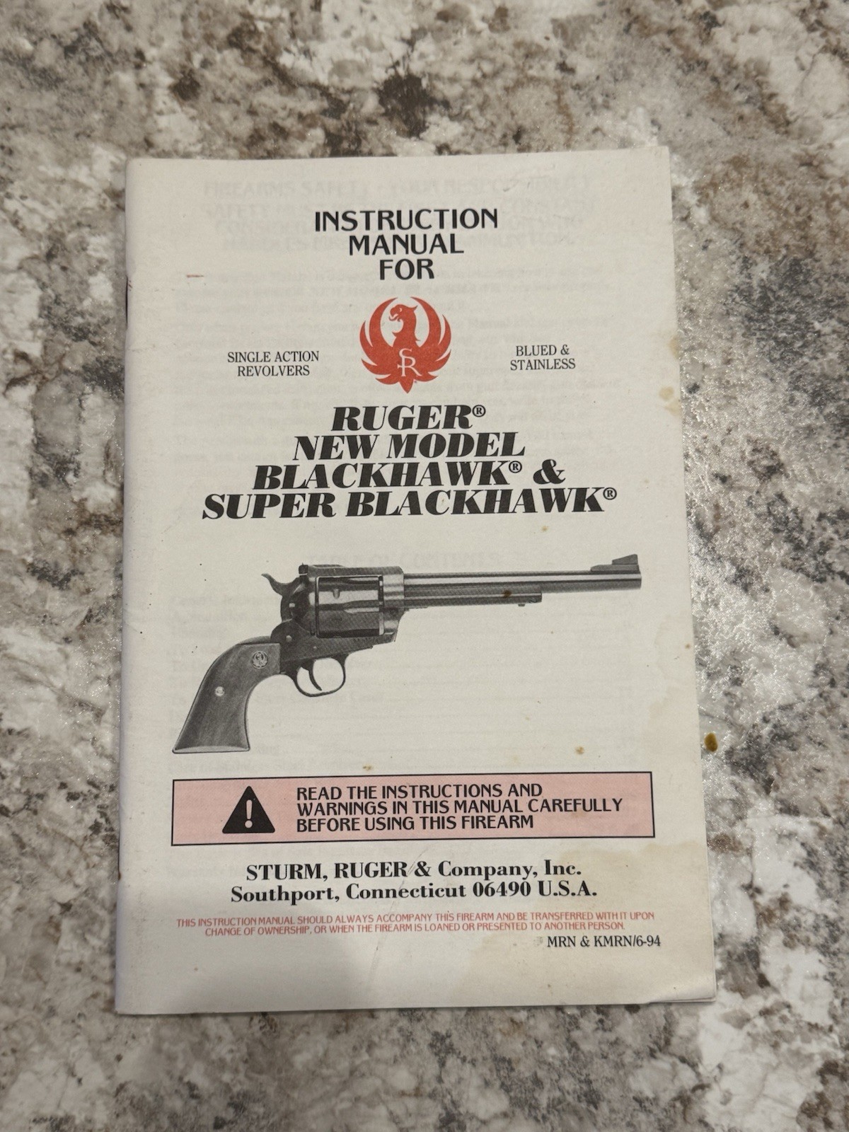 1994 Ruger New Model Blackhawk & Super Black Owners Manual MRN & KMR/6-94