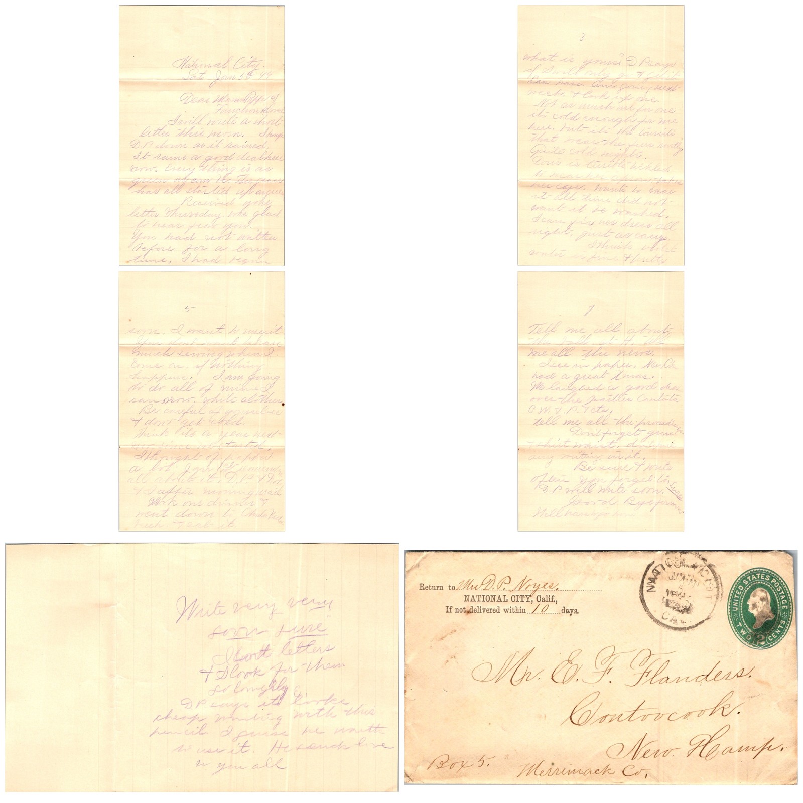 1894 National City CA Letter NH Purple Ink Epistolary Postal Cover Weather