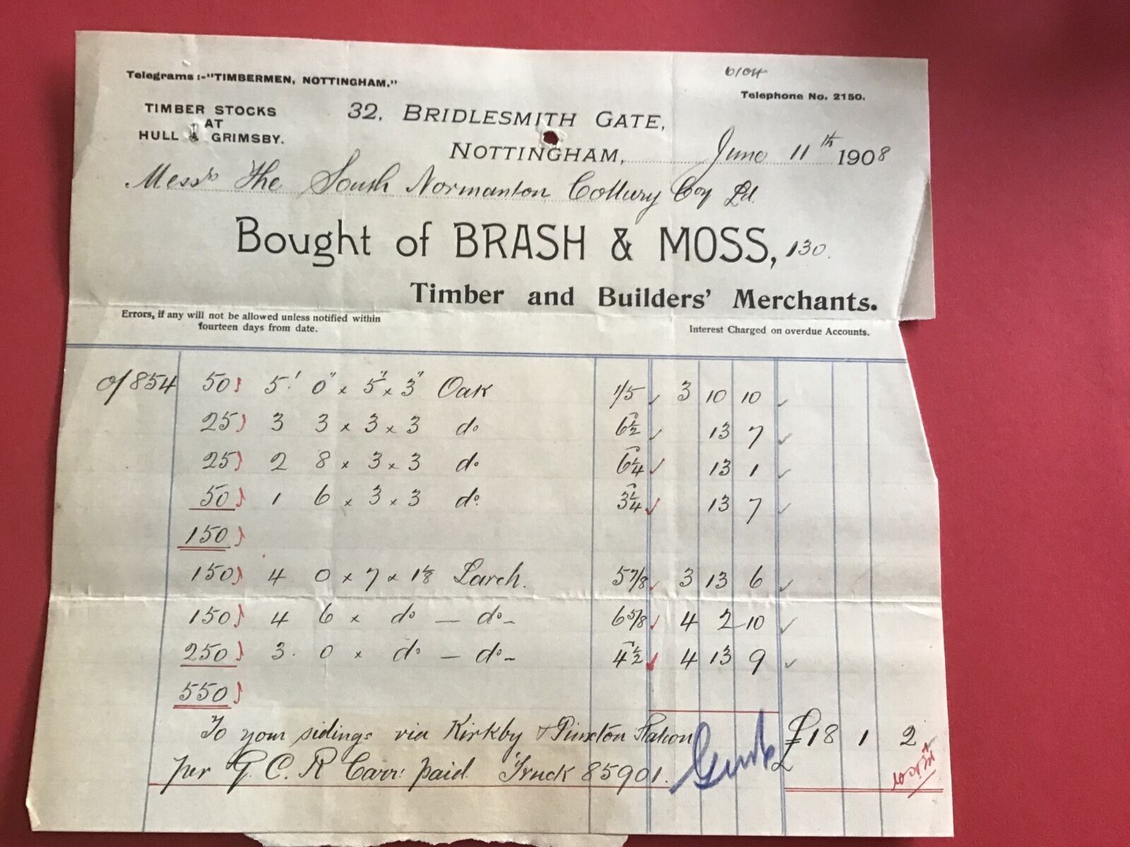 Brash & Moss Timber and Building Merchants 1908 Nottingham receipt R33165
