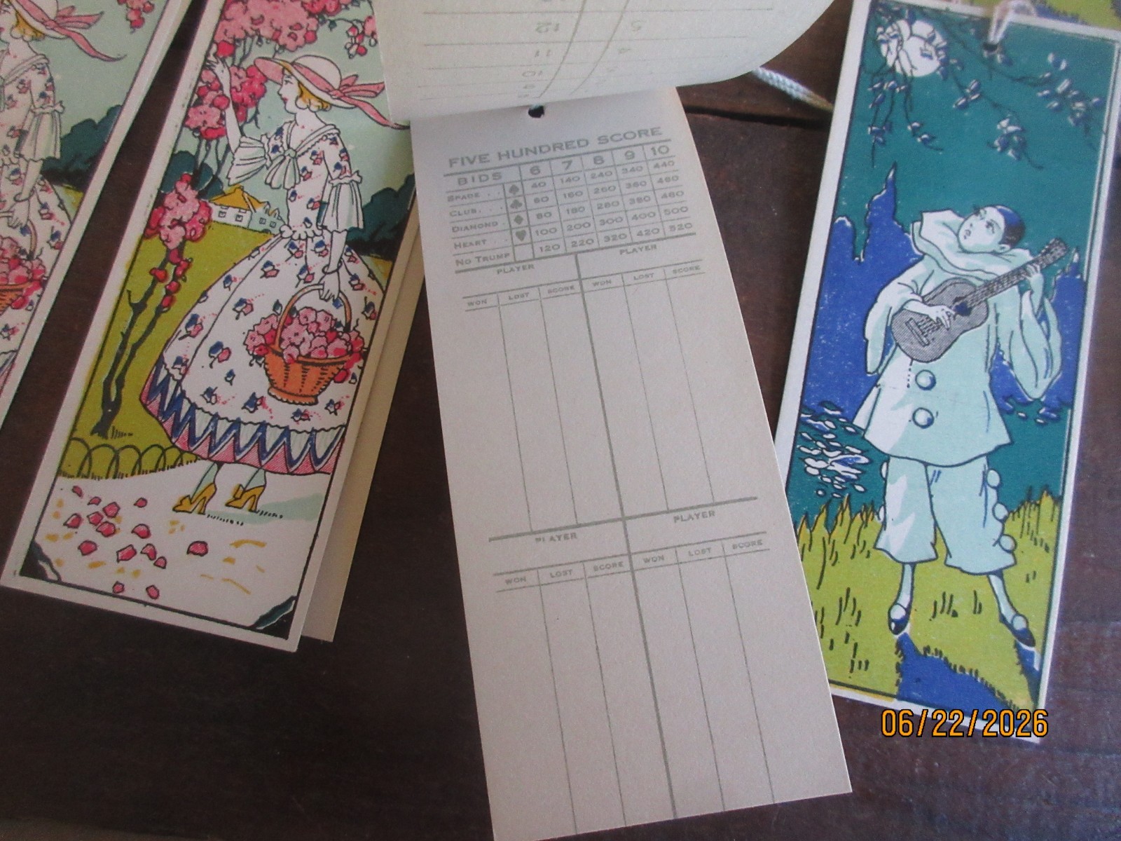Set of 12 1920 – 1930’s Unused Bridge Tally Cards Pierrot & a Girl with Flowers