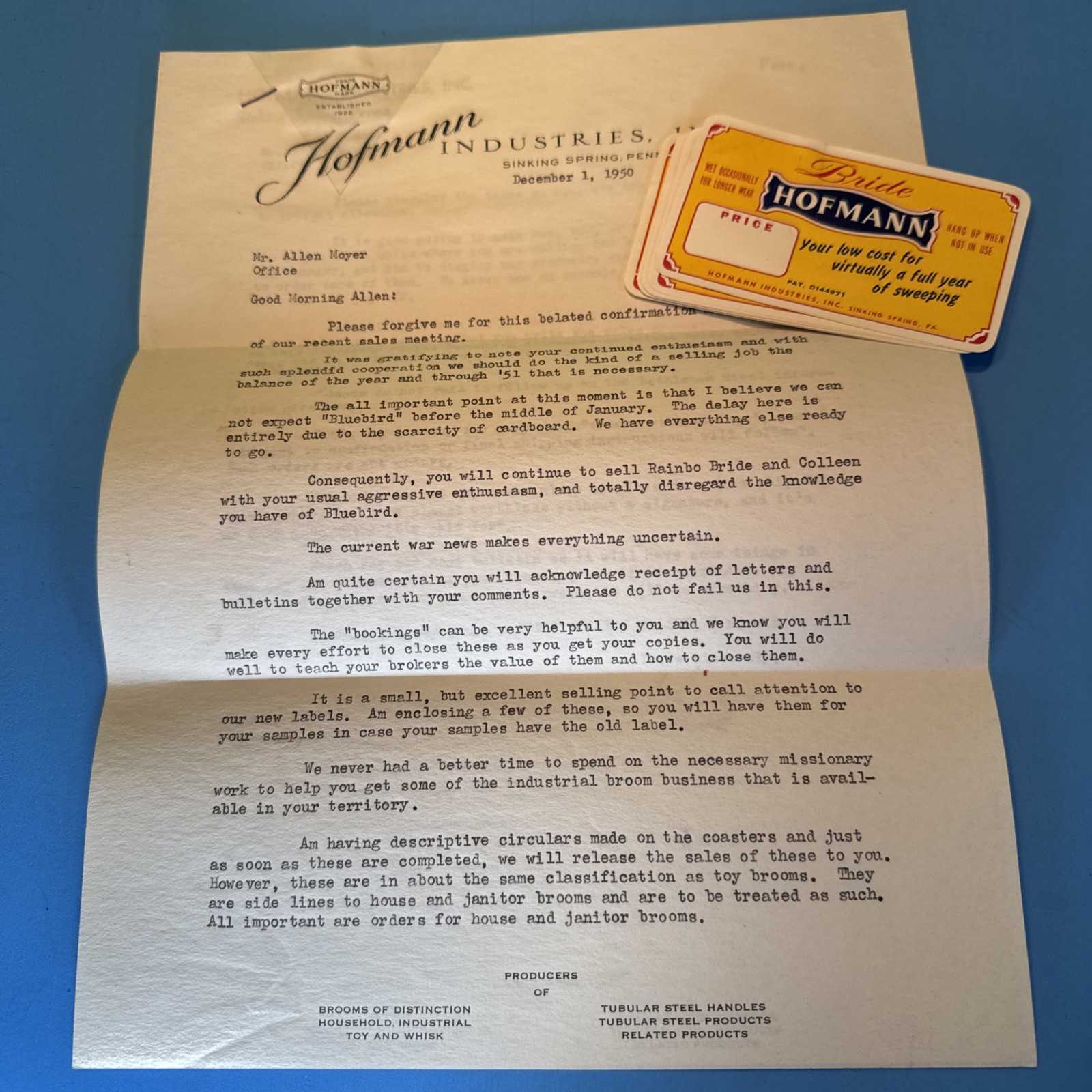 1950 Hofmann Industries BRIDE Broom labels, Letter Sinking Spring PA