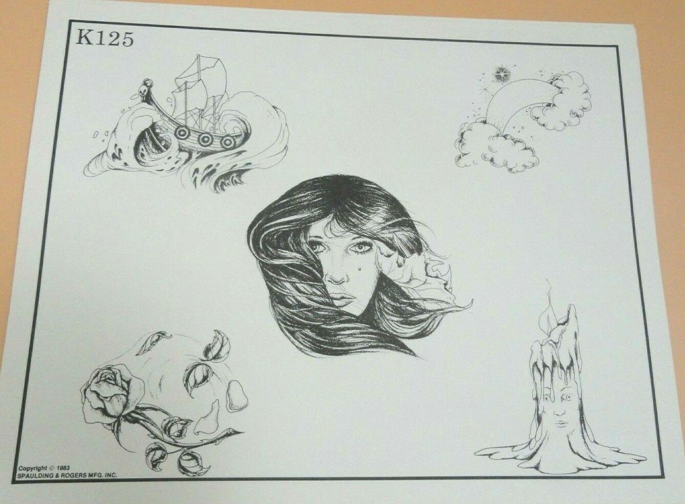 Vintage 1983 RARE Spaulding & Rogers Tattoo Flash Sheet K125 Viking Ship Rainbow