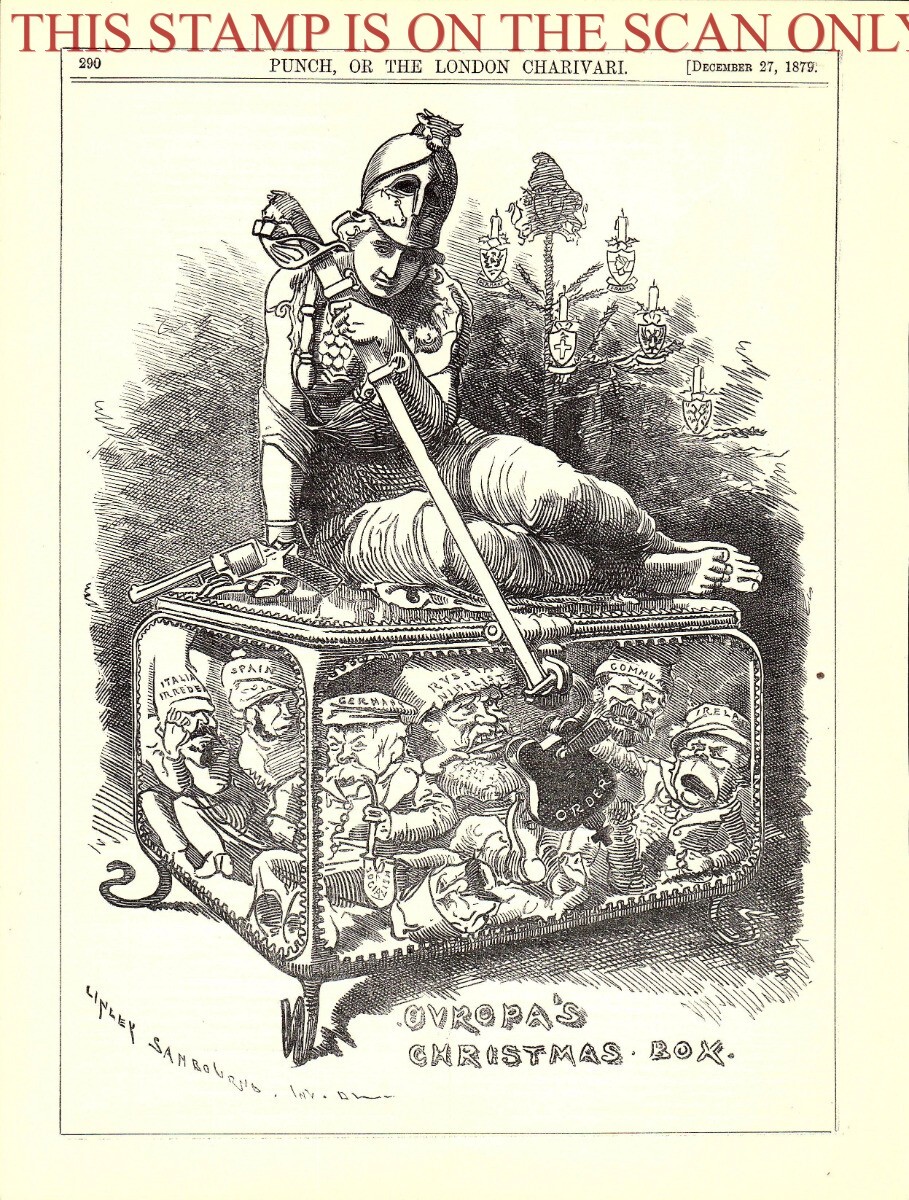 Antique 1879 Linley Sambourne Cartoon Print : ‘Europa’s Christmas Box’ /136