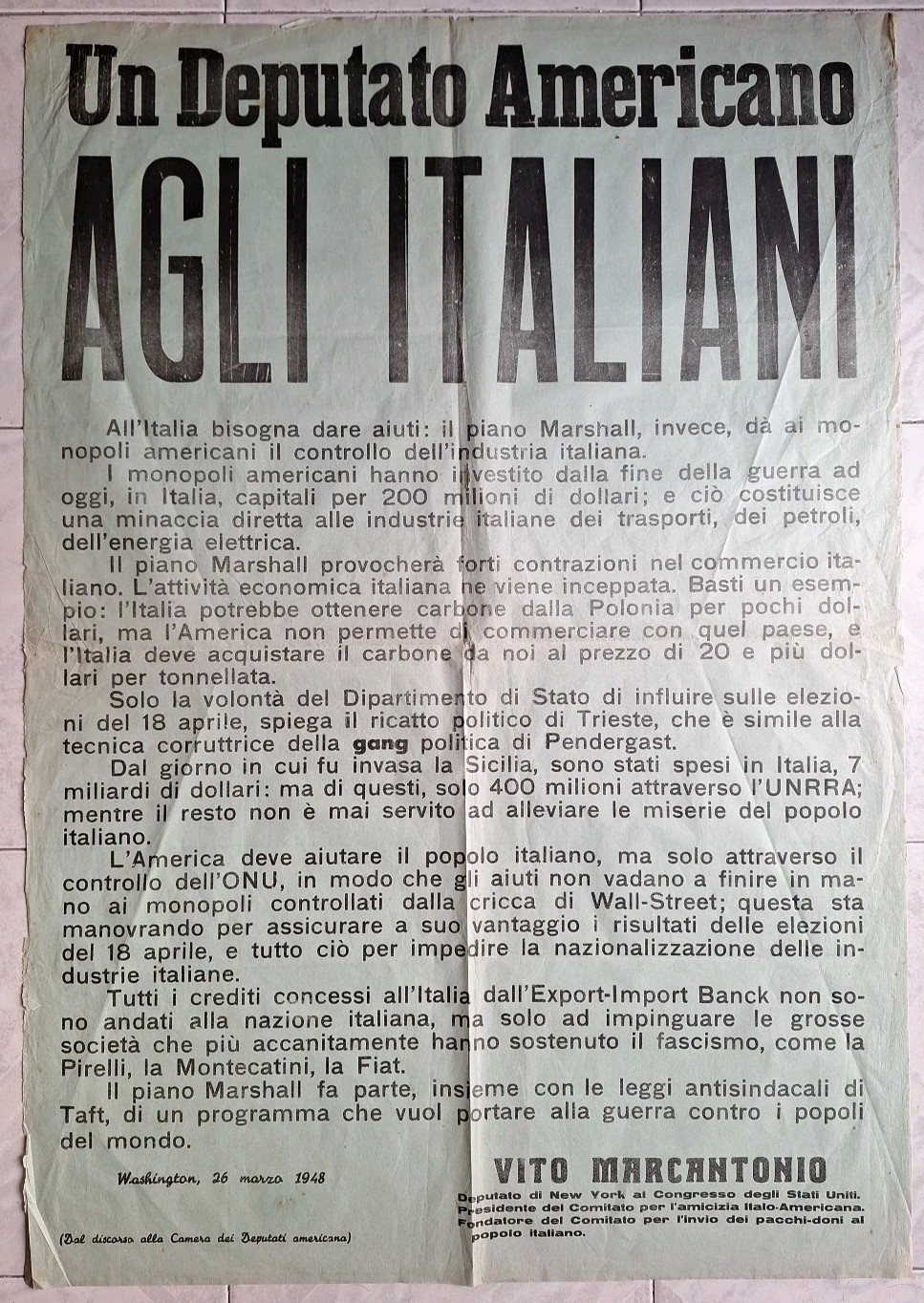 VITO MARCANTONIO FRONT DEMOCRATIC PEOPLE’S PLAN MARSHALL 1948 PICERNO