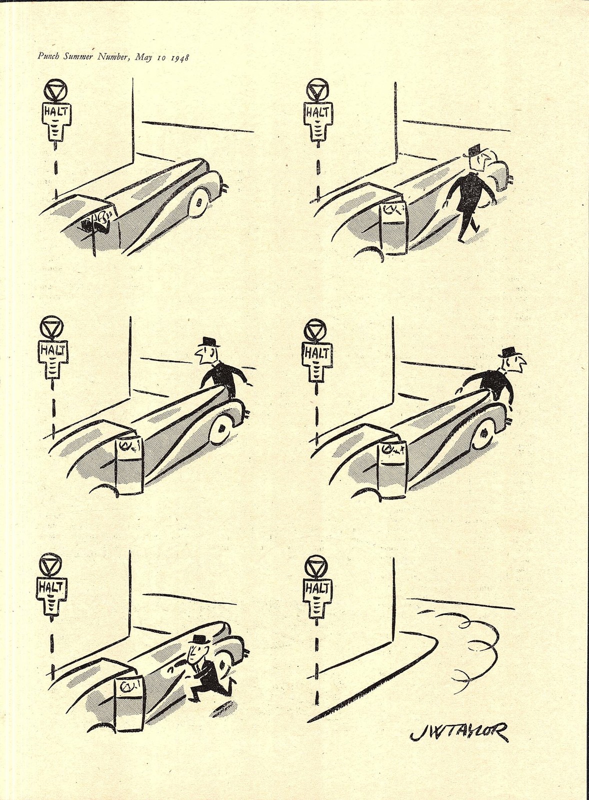 Original 1948 Punch Cartoon Page ‘PERILS OF A LONG CAR’ Vintage J W Taylor Print