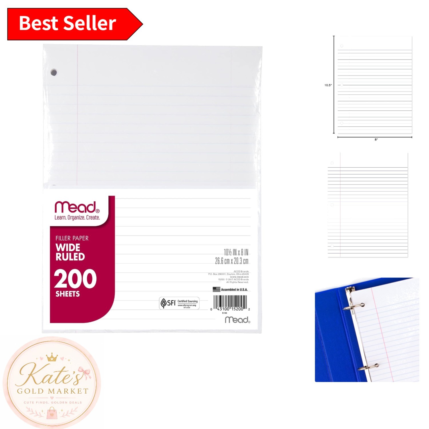 Ideal Wide Ruled Loose Leaf Paper – 200 Sheets, 8″ x 10-1/2″ for Easy Notetaking