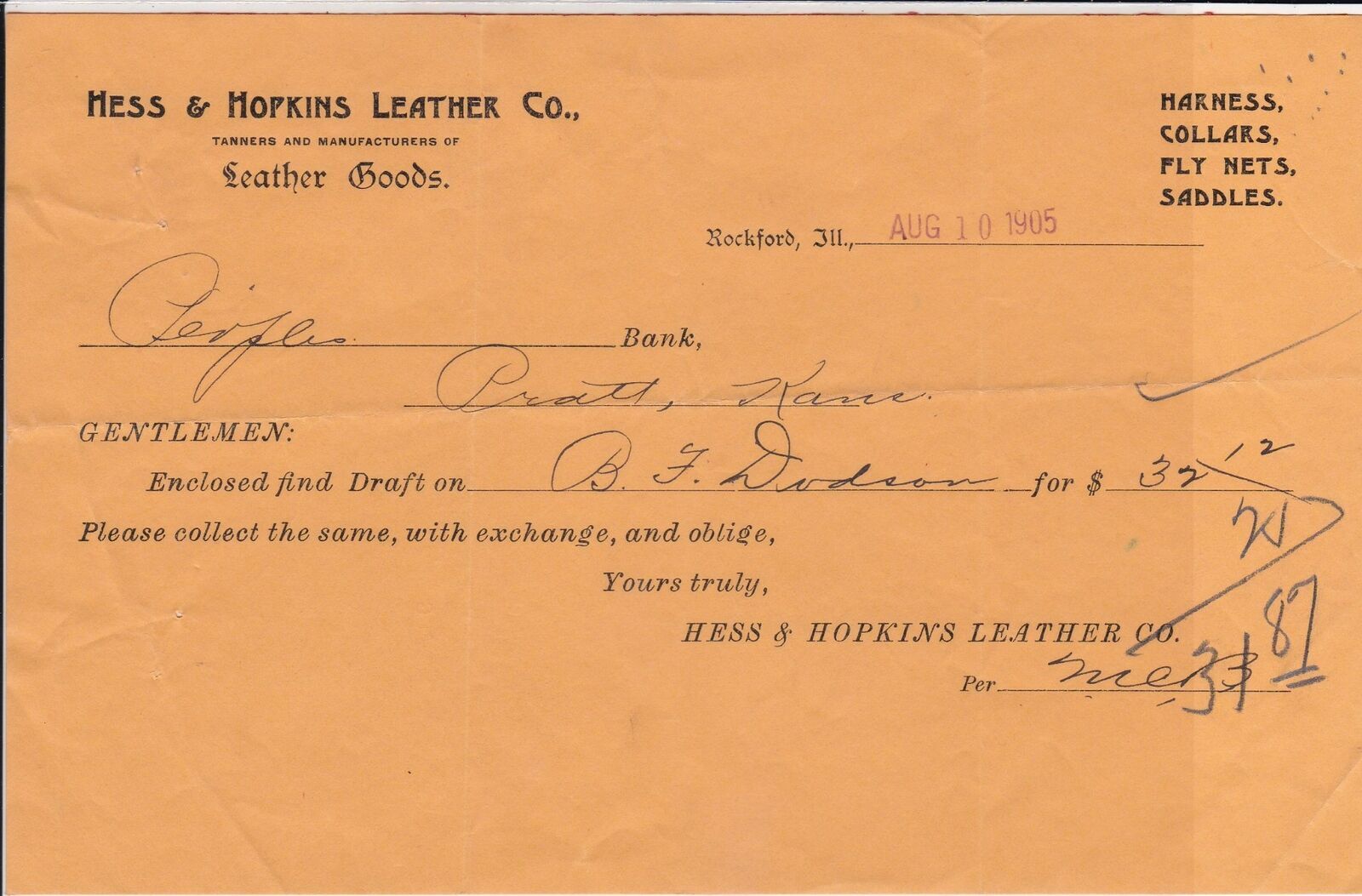 U.S. Hess & Hopkins Leather Co. Rockford Leather Goods 1905 Receipt Ref 40400