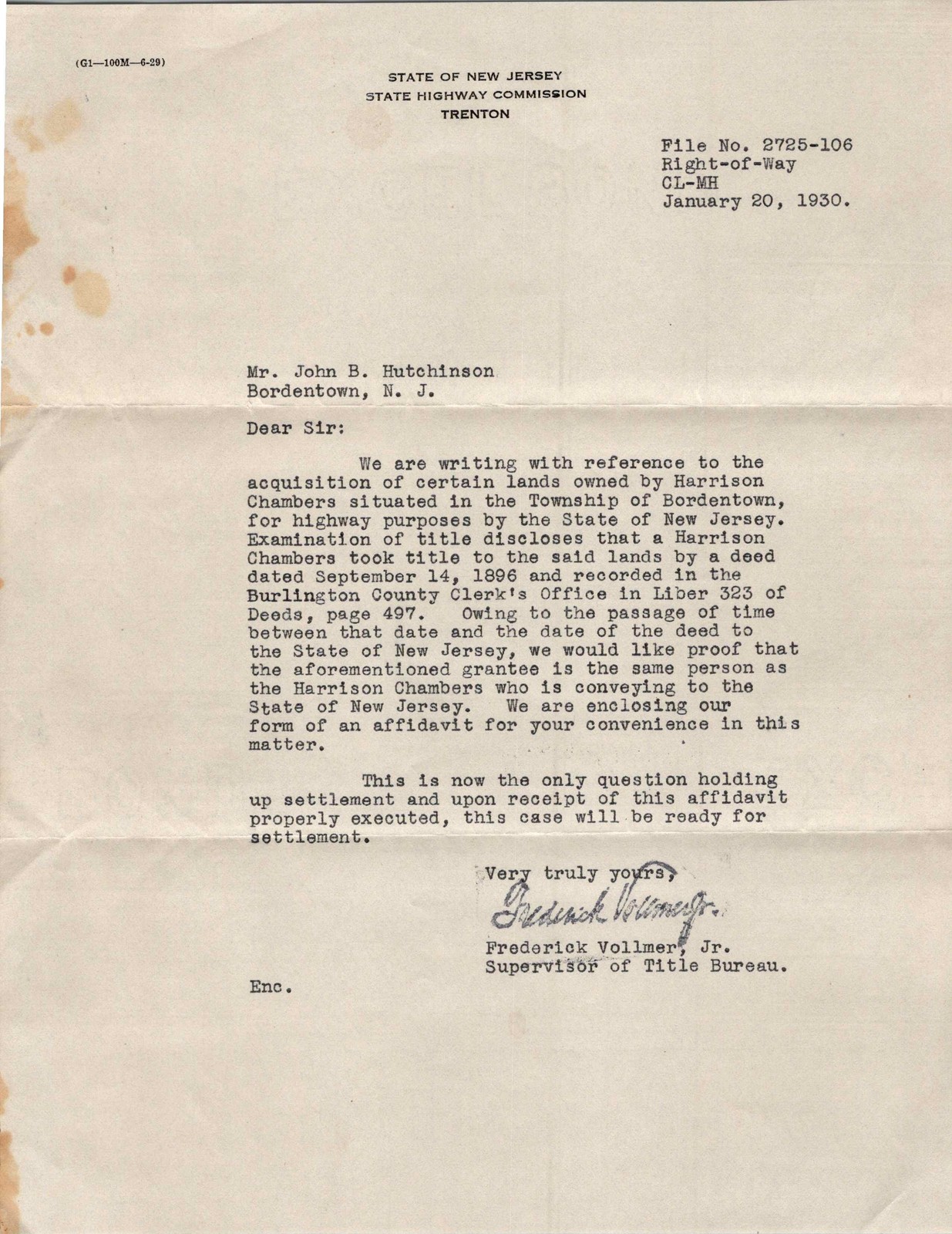 1930 NJ Highway Commission Letter Trenton Bordentown Title Affidavit Deed