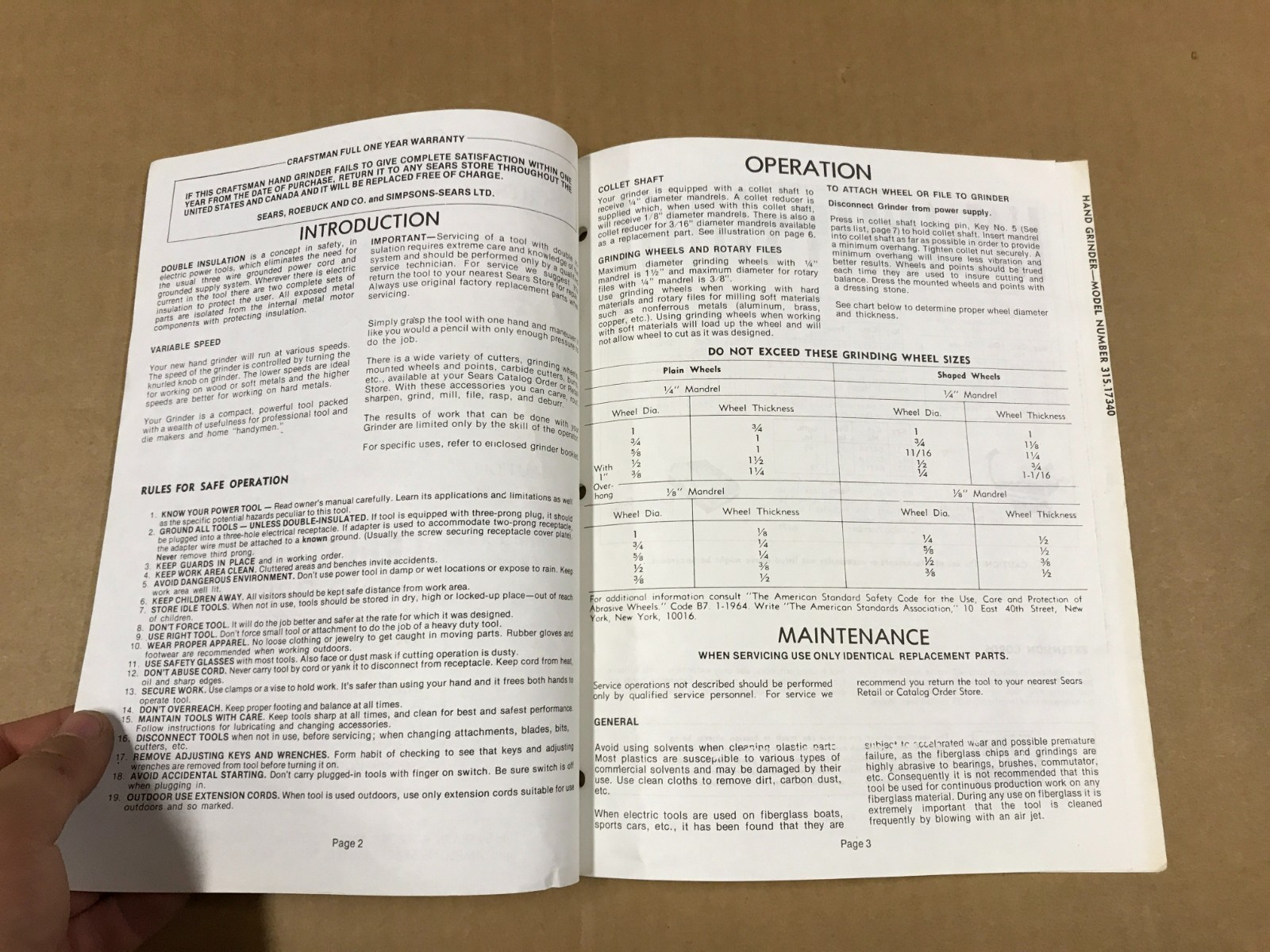 Vintage Sears Craftsman Hand Grinder Variable Speed – Operation Instructions