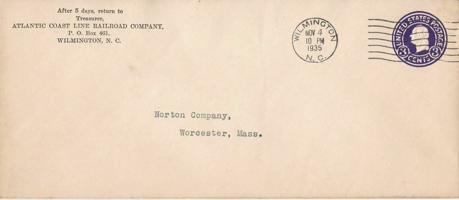 U.S. ATLANTIC COAST LINE RAILROAD CO,Wilmington 1935 Prepaid Stamp Cover Rf47095