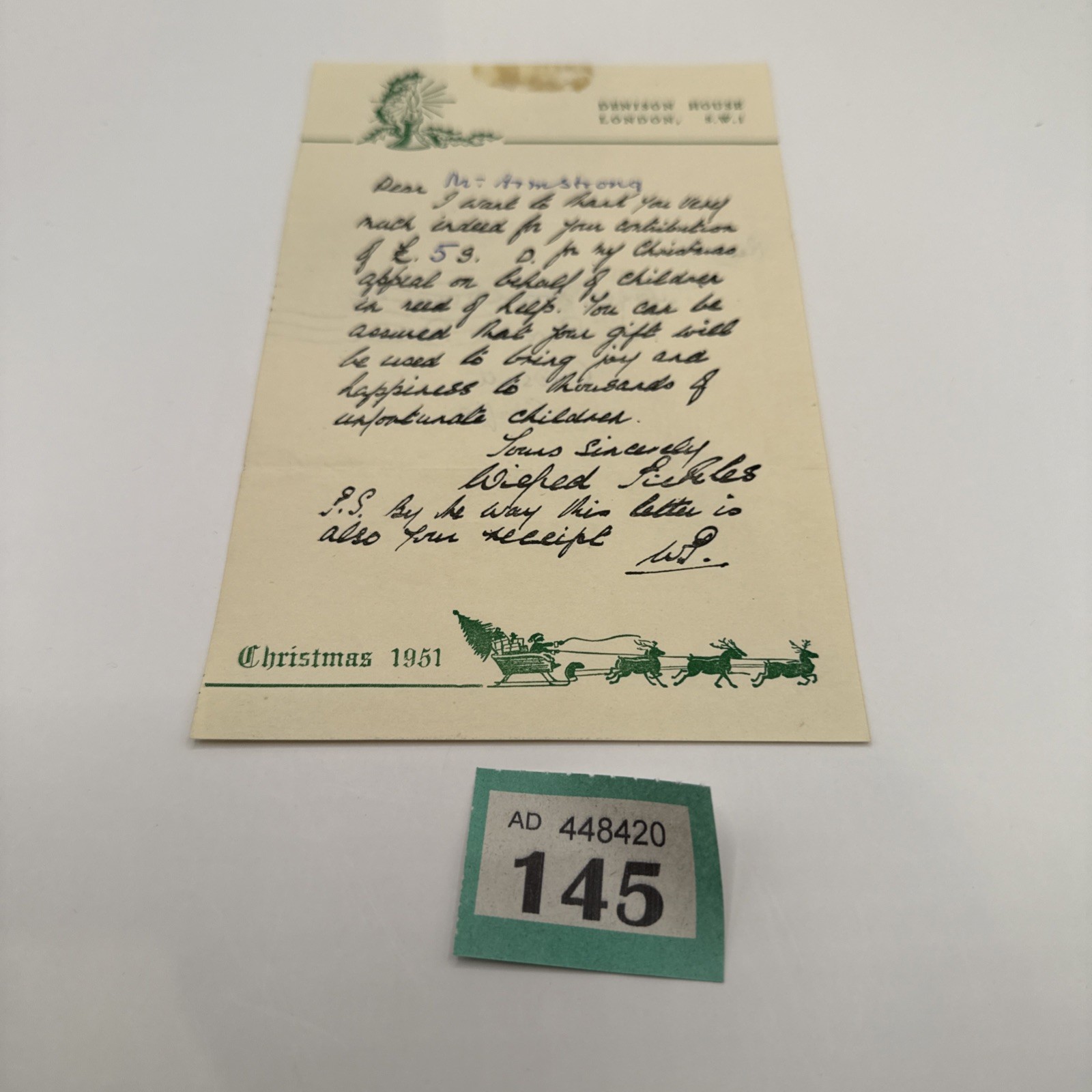 1952 Letter Receipt donation to Denison House Charity for Unfortunate Children