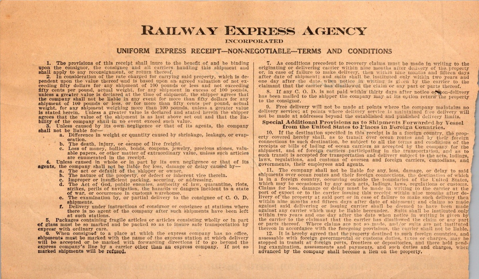 Railway Express Agency Uniform Receipt Non-Negotiable 1940s Legal Freight Form