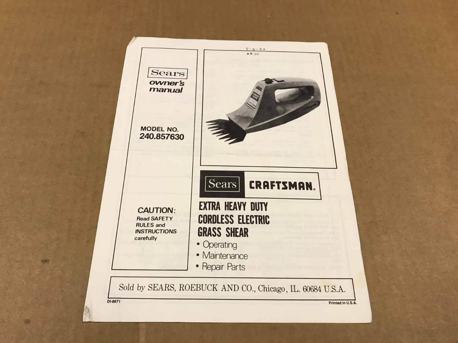 Vintage Sears Craftsman Extra Heavy Duty Cordless Electric Grass Shear Manual