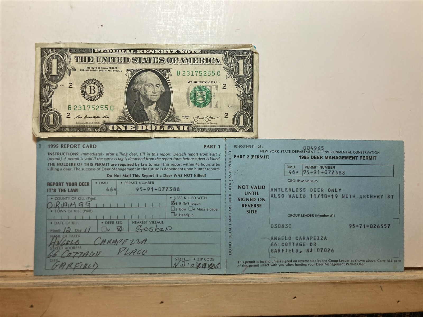 1995 New York Non Resident Antlerless Deer Hunting License NY Vtg