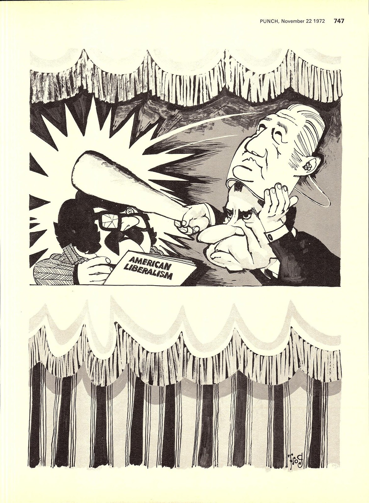 Original 1972 Punch TROG Cartoon Print of NIXON Bashing American Liberalism
