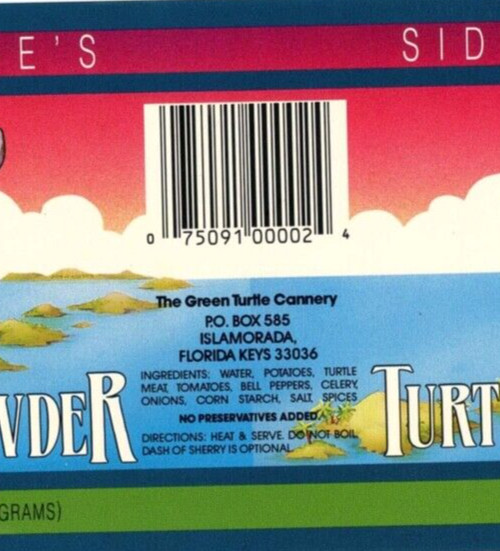 SID & ROXIES ISLAMORADA GREEN TURTLE CANNERY TURTLE CHOWDER CAN LABEL FLRDA KEYS