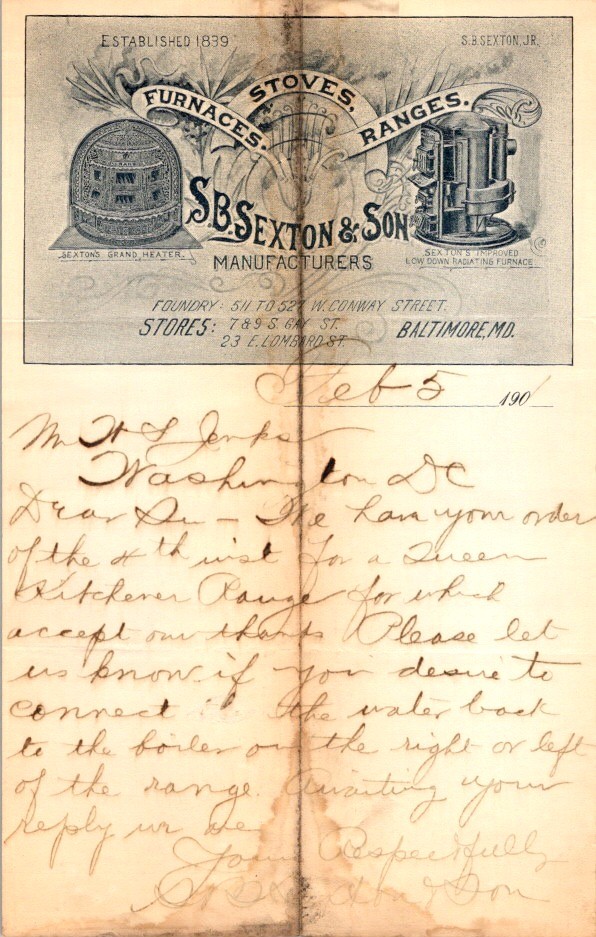 S B Sexton & Son 1900s Baltimore Heating Stove Letterhead Business