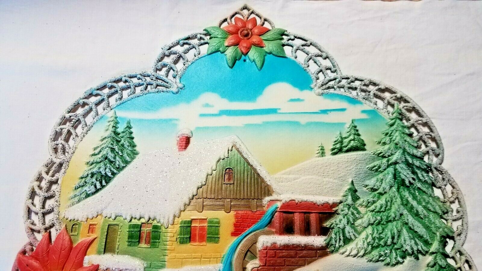 Vintage Embossed German Christmas Farmhouse w/1956 Calendar 15 1/2″ x 21″ DieCut