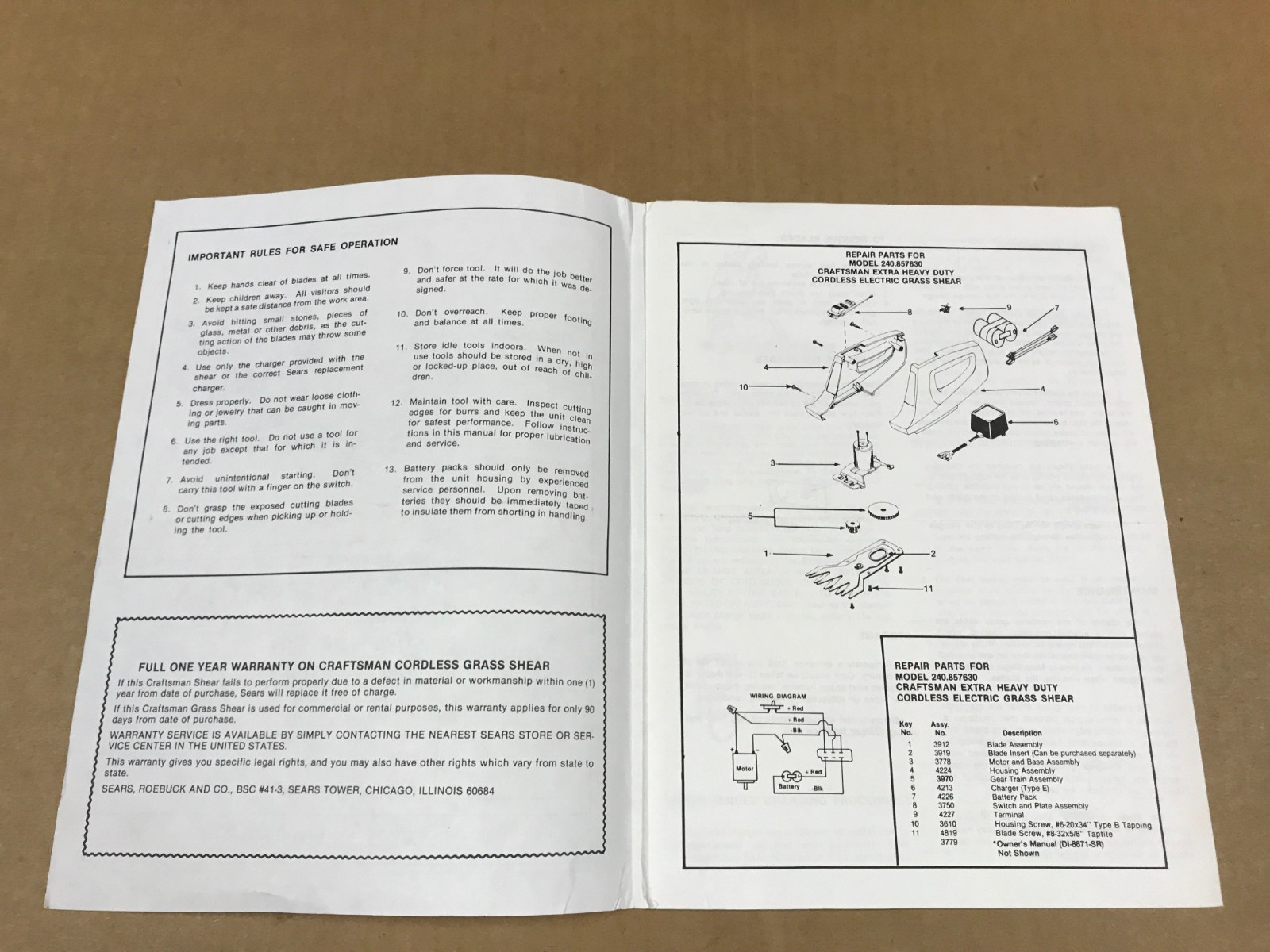 Vintage Sears Craftsman Extra Heavy Duty Cordless Electric Grass Shear Manual