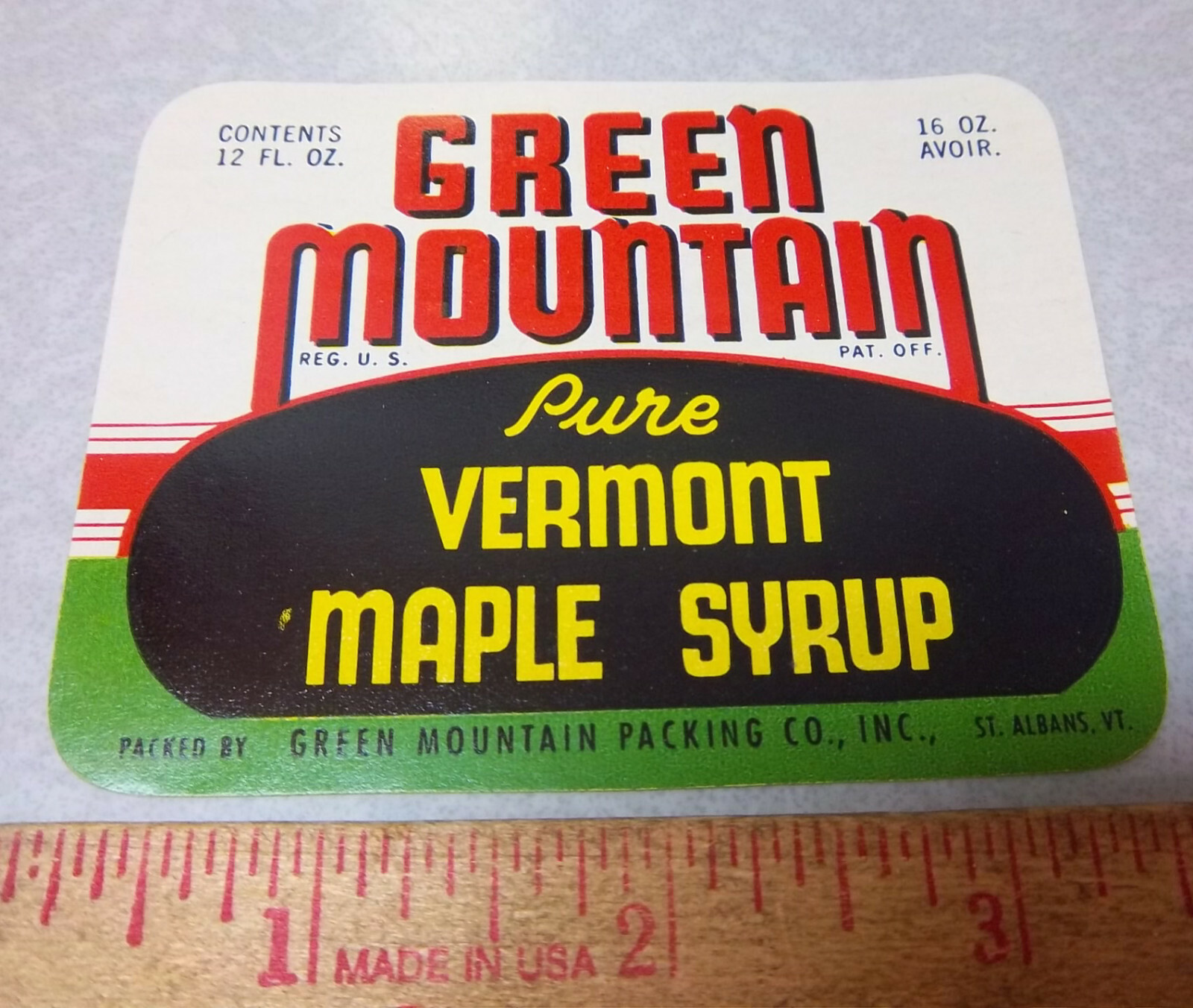 Vintage Original Label, 1950s Green Mountain Vermont Maple Syrup 16 oz jar label