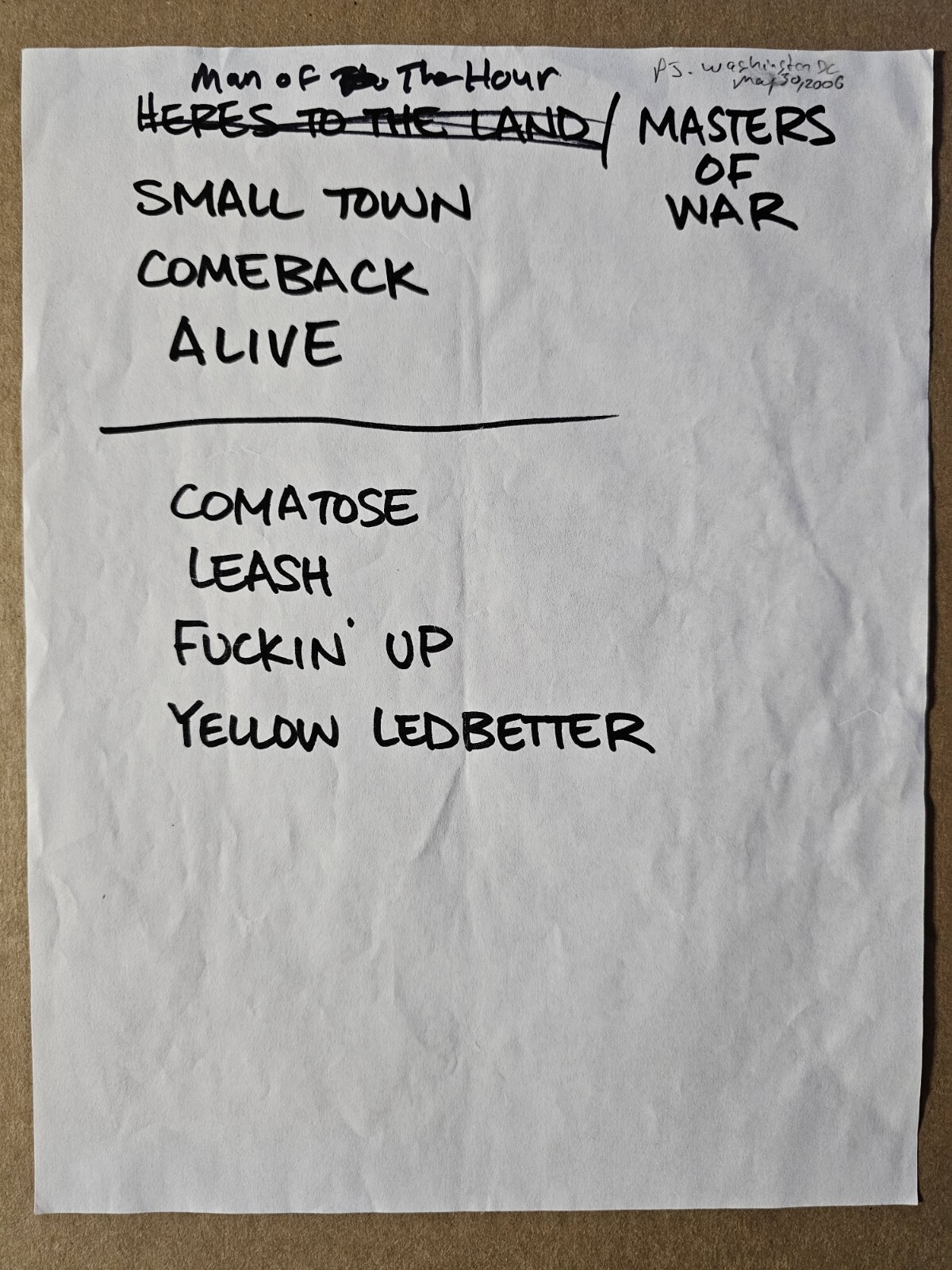 Eddie Vedder HAND WRITTEN Man Of The Hour Setlist Pearl Jam Concert ORIGINAL