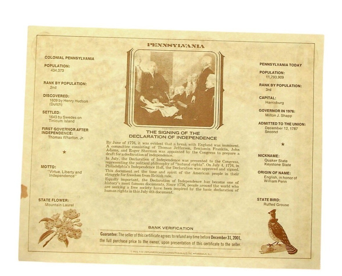2-American Revolution Bicentennial 1976 Commemorative One Dollar Note Pennsylvan
