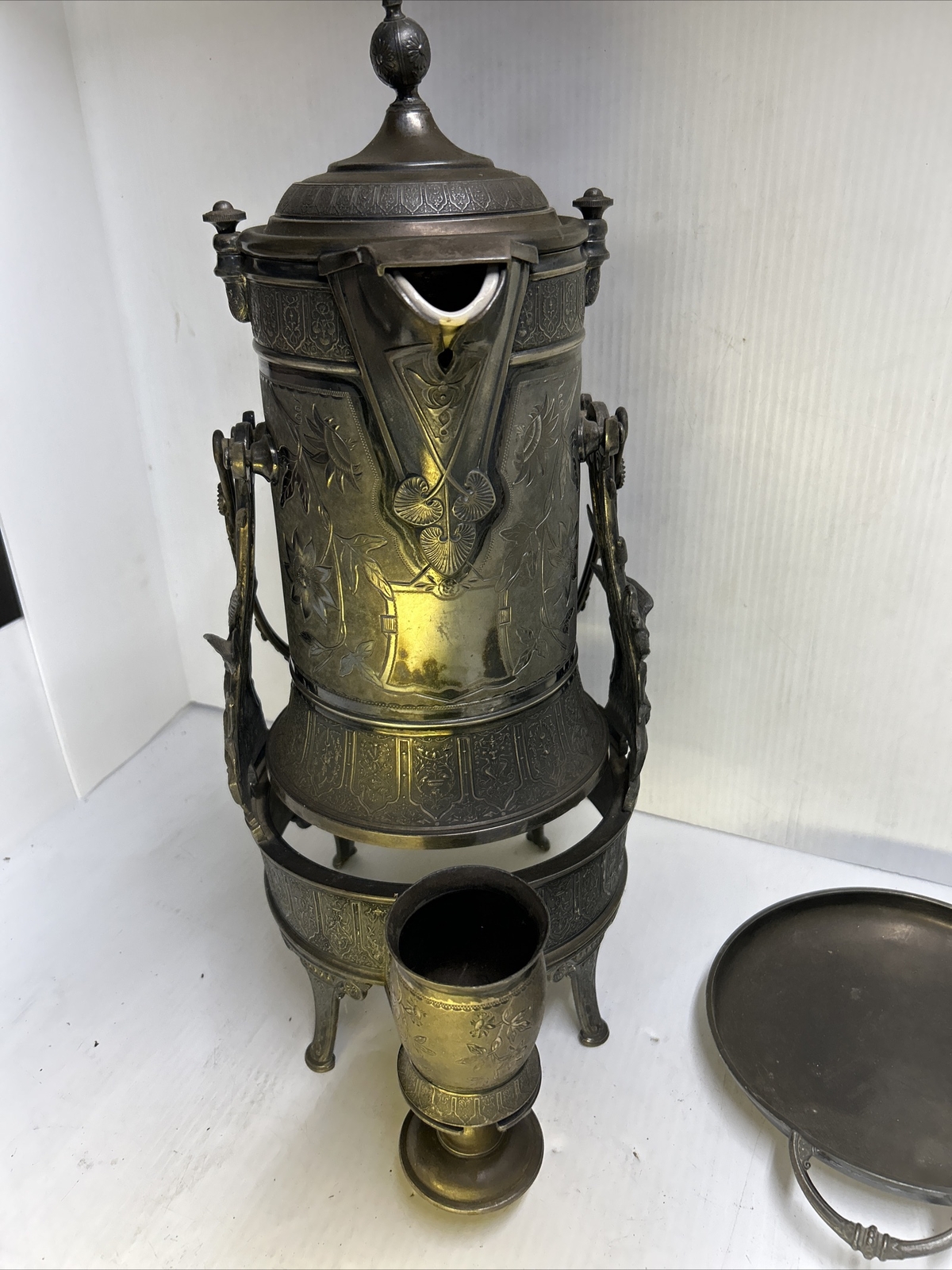 Reed & Barton Tilting Water 1923 Pitcher Patent 1880 W/ Cup Porcelain Lined
