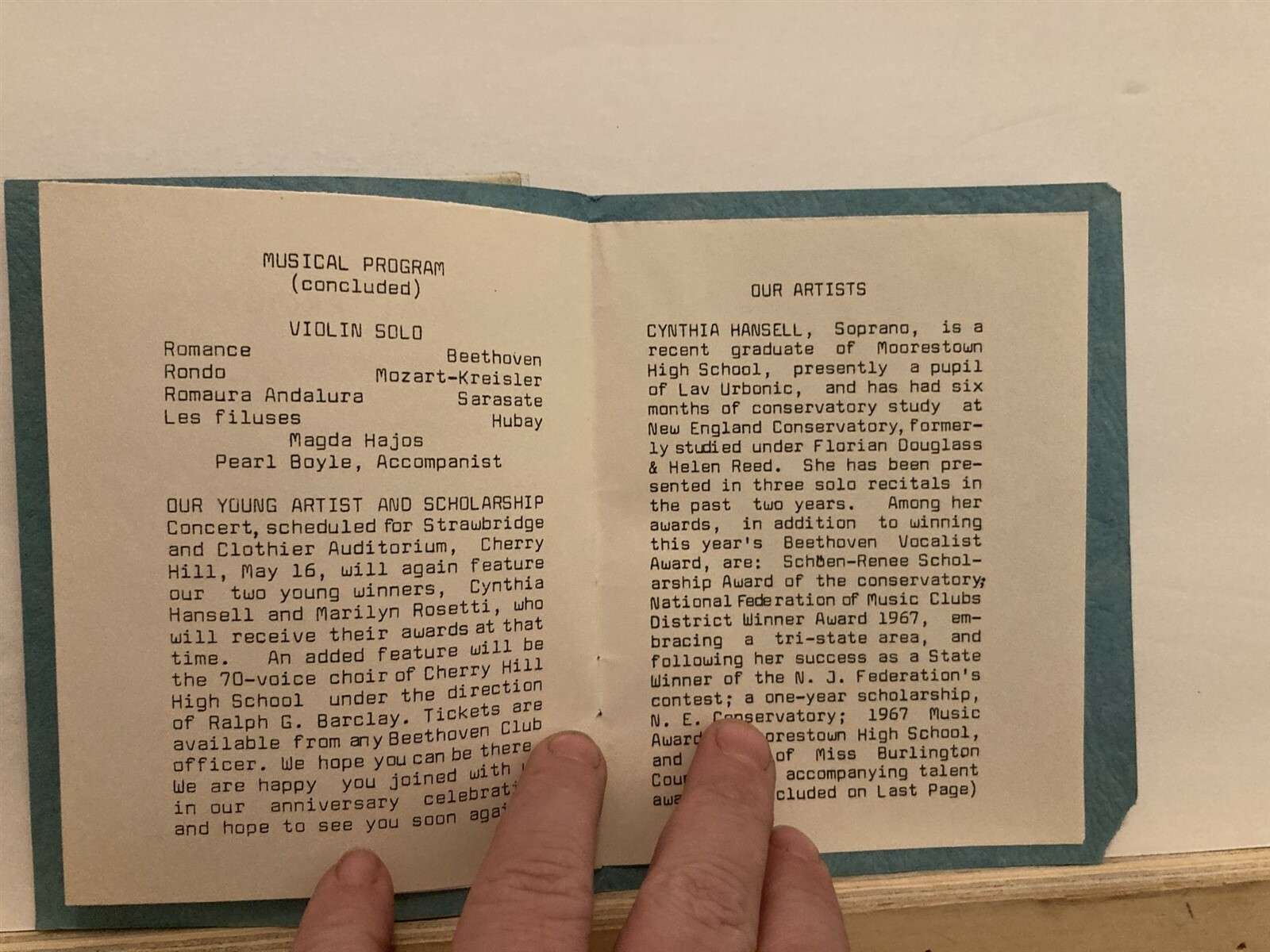 1968 Beethoven Club of Camden Cherry Hill Inn Luncheon Program New Jersey NJ Vtg