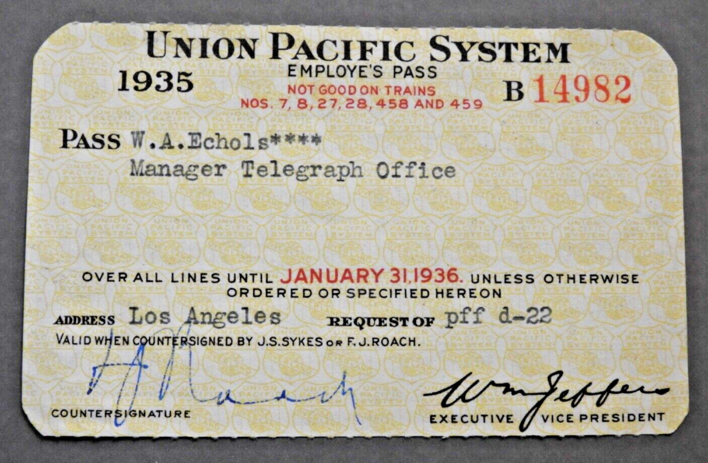 vintage 1935 UNION PACIFIC Railroad Co PASS railroadiana