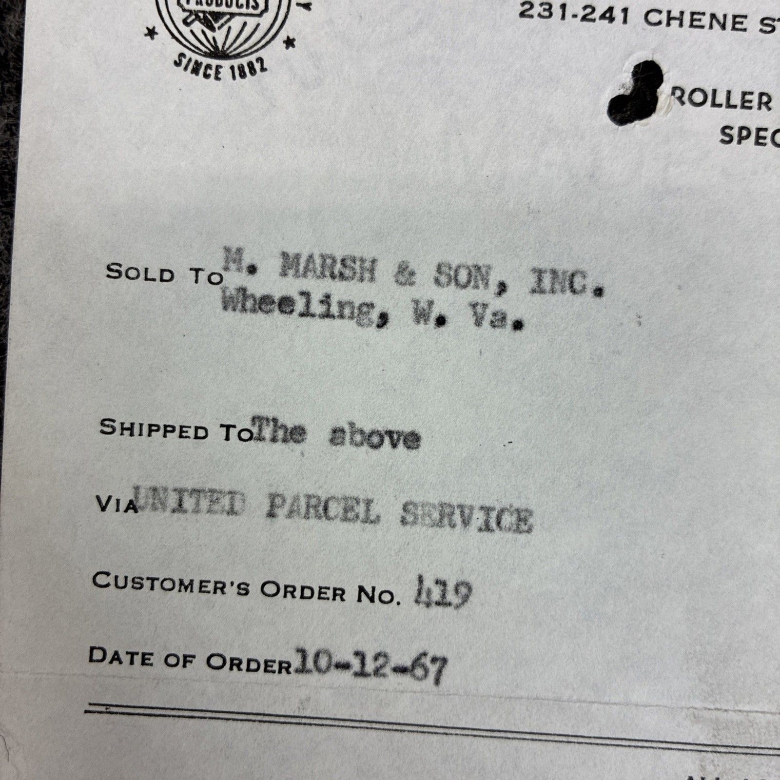 1967 Lauhoff Corp Invoice SXF-4 Stem Crusher Blades to M Marsh Cigar Co WV