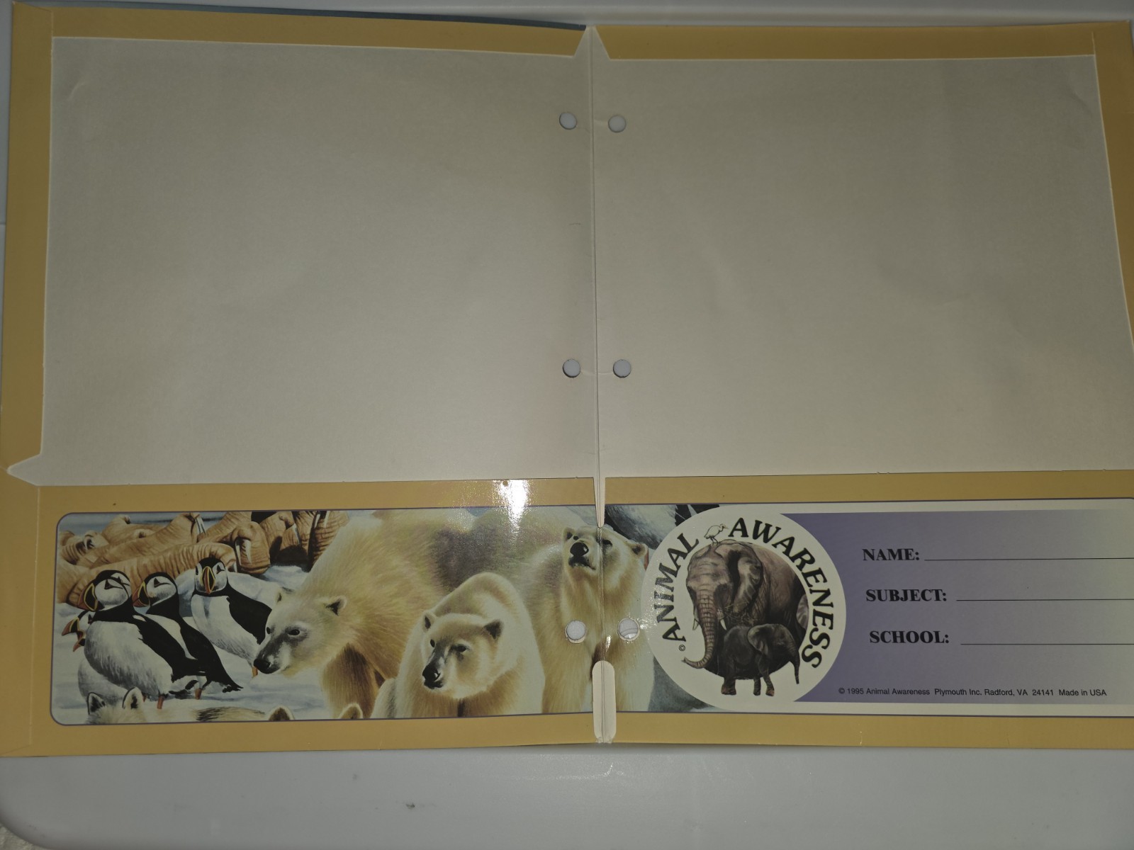 1995 Animal Awareness Vintage School Pocket Folder, Penguin, Polar Bear