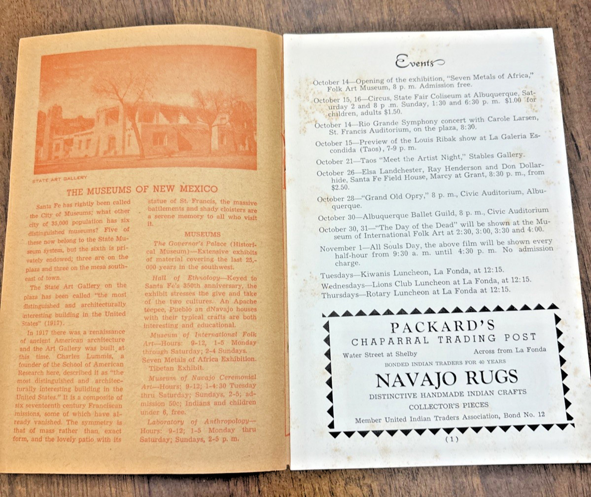 1960 La Turista Santa Fe, Taos & Northern New Mexico NM Tourist Guide 18 Pages