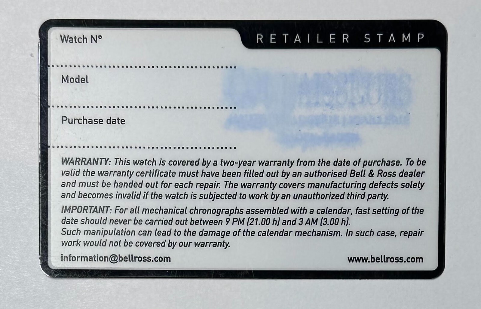 Genuine Bell & Ross Black Certificate Blank Warranty Card With Retailer Stamp