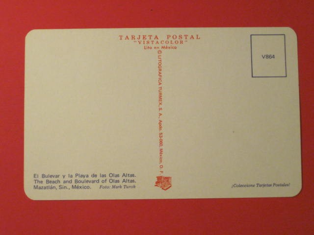 Tarjeta Post Card: Beach & Boulevard of Olas Atlas – Sin., Mexico