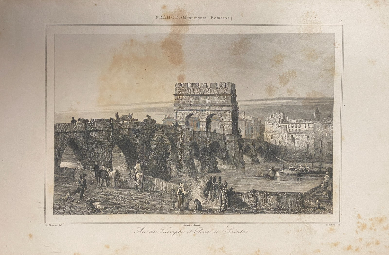 Engraving France “Arc De Triomphe And Pont De Saintes – Charente”