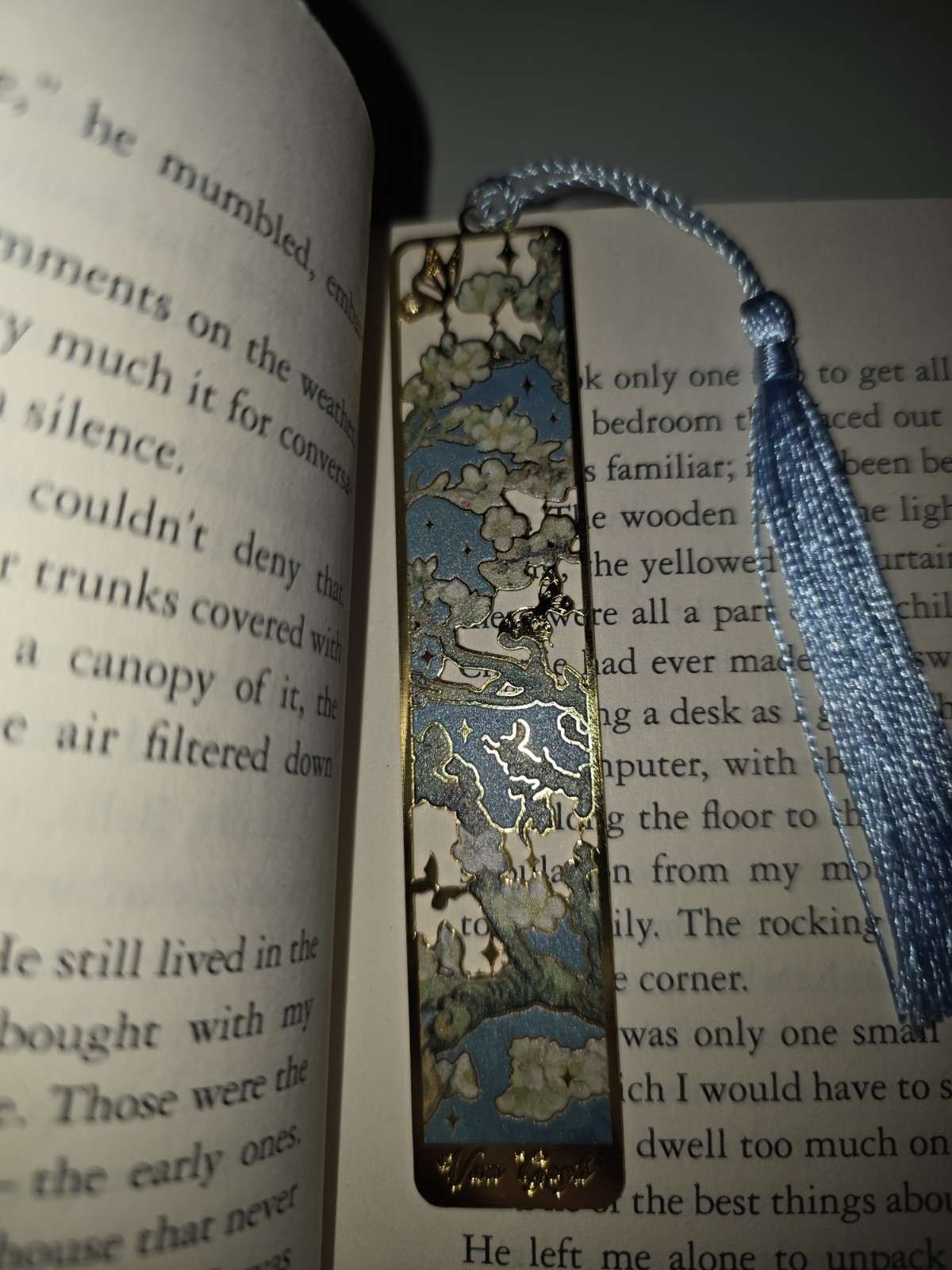 Van Gogh Inspired Blue White Floral Metal Bookmark with Blue Tassel