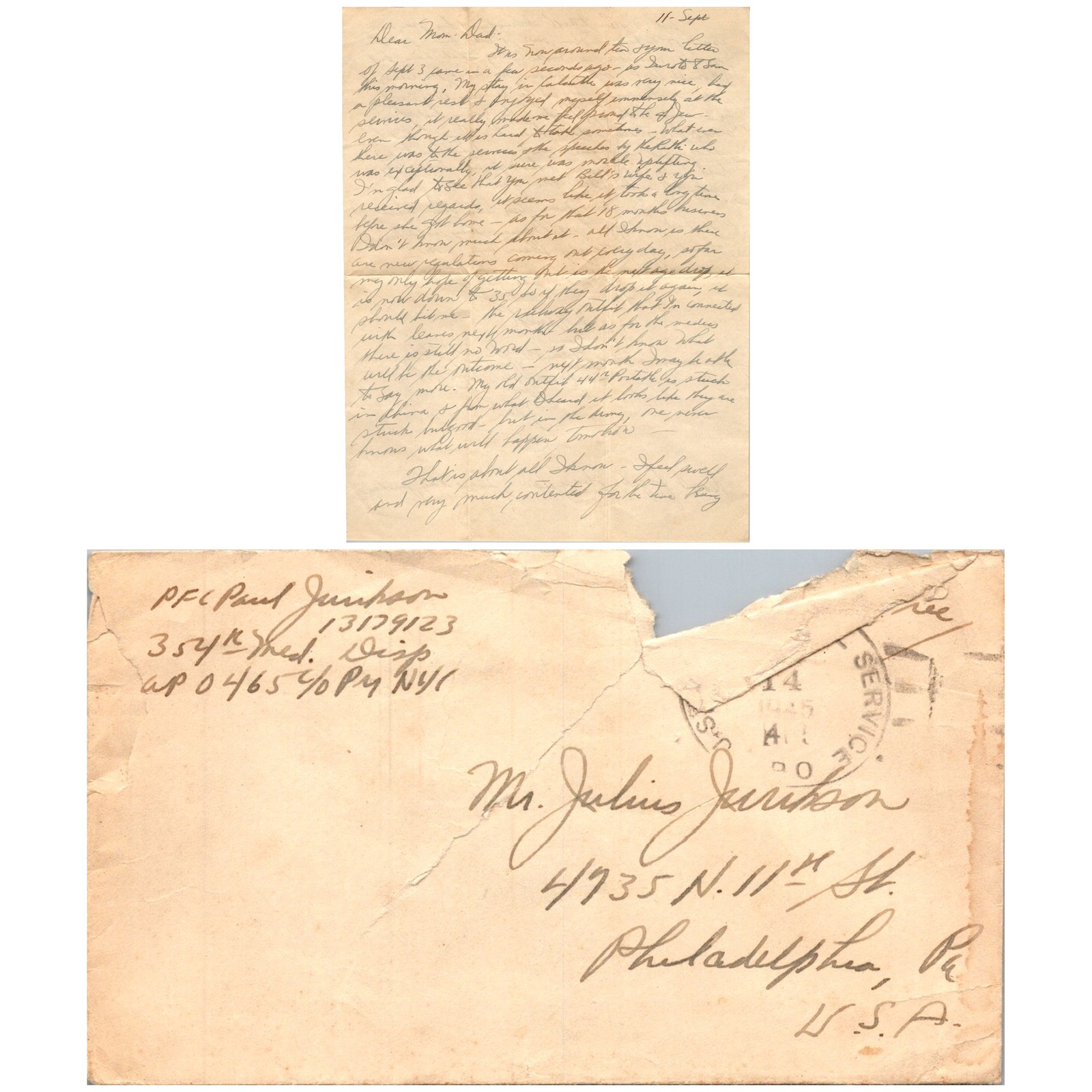 WWII Letter from PFC Paul Jurikson 354th Medical Dispensary Calcutta 1945