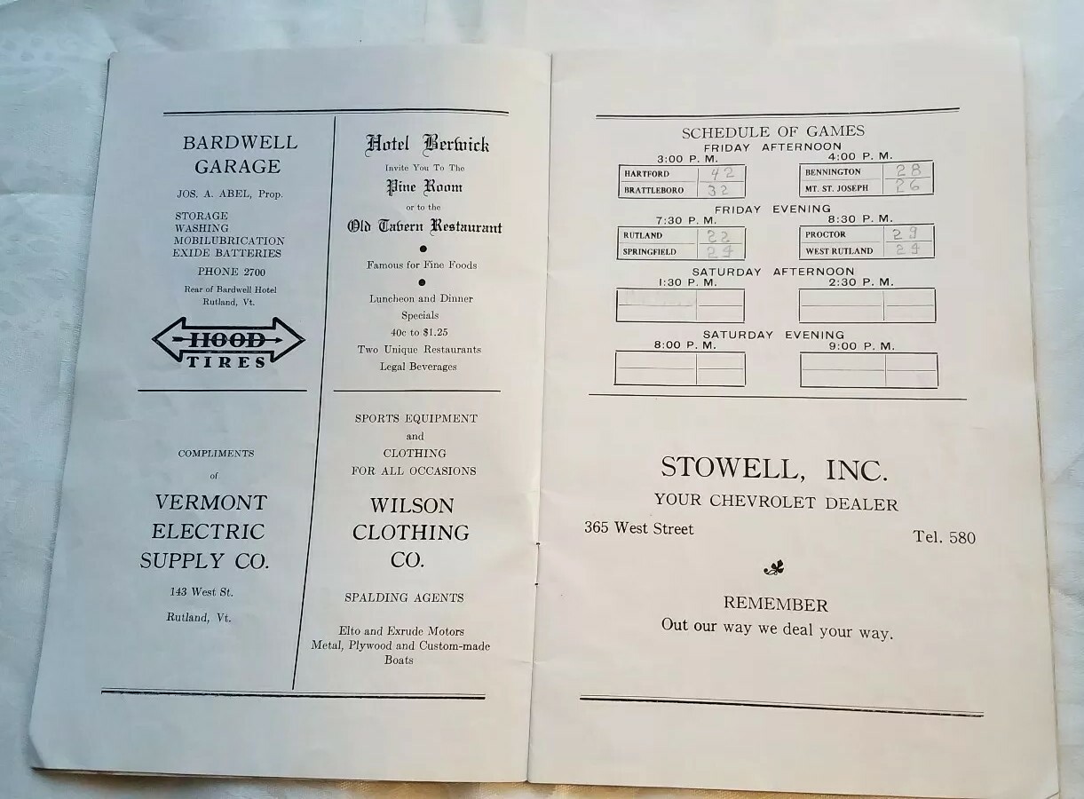 Vintage 1940 19th Annual Southern Vermont Championship Basketball Tournament