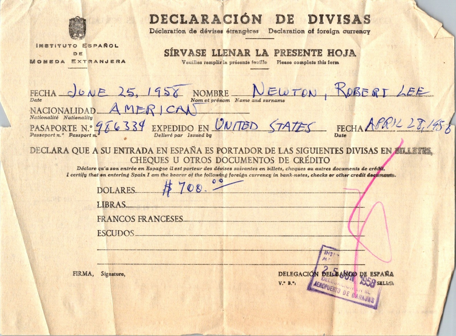 1945 Spain Franco Era Bank of Spain Foreign Currency Declaration Form Madrid