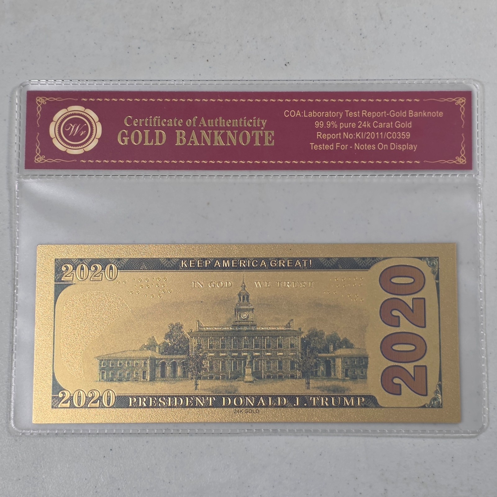 24K Gold Plated Collectible Trump 2020 Dollar Bill + Certificate Of Authenticity