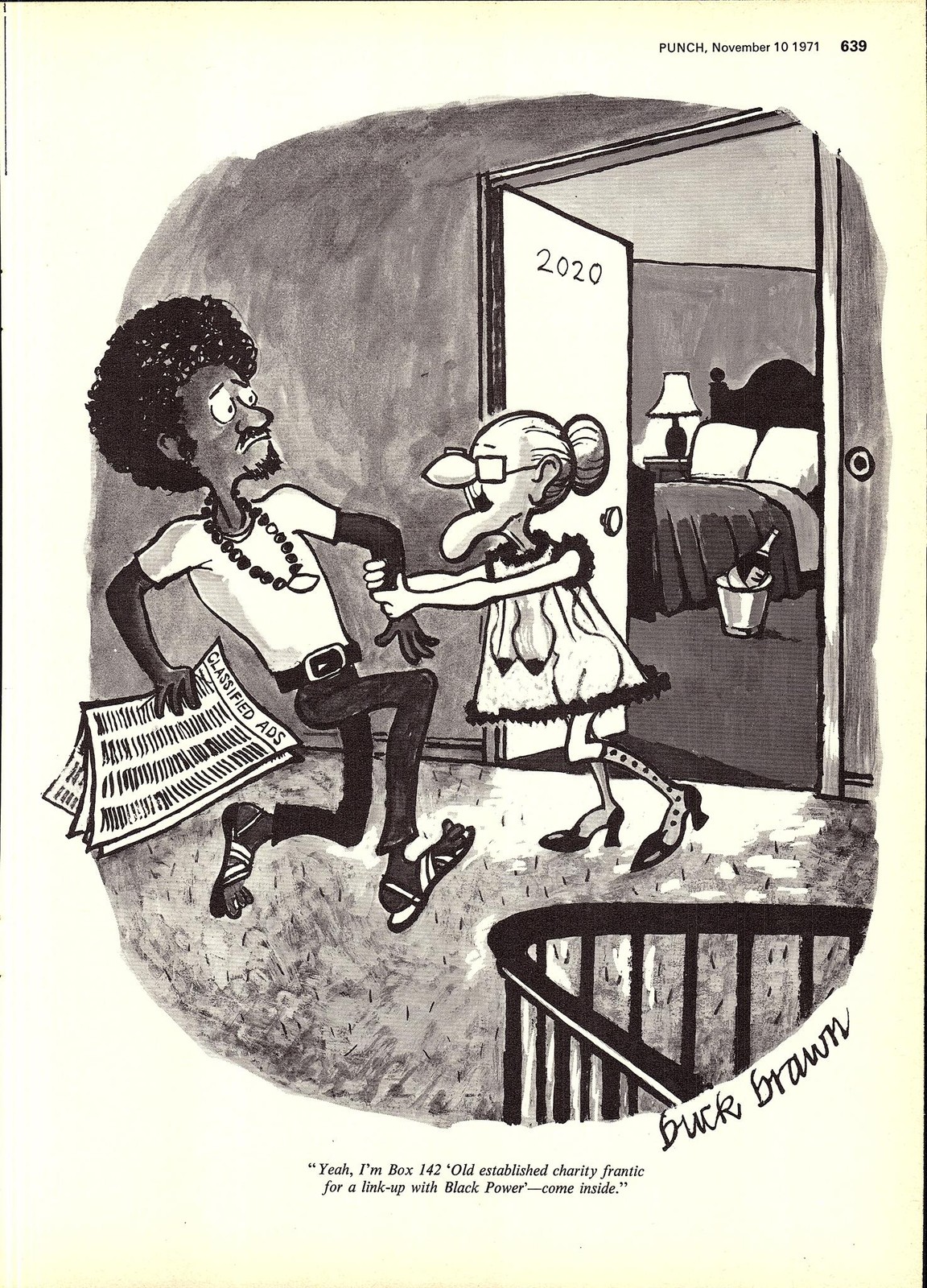 Original 1971 Punch Cartoon Print “Frantic for a Link-Up with Black Power”