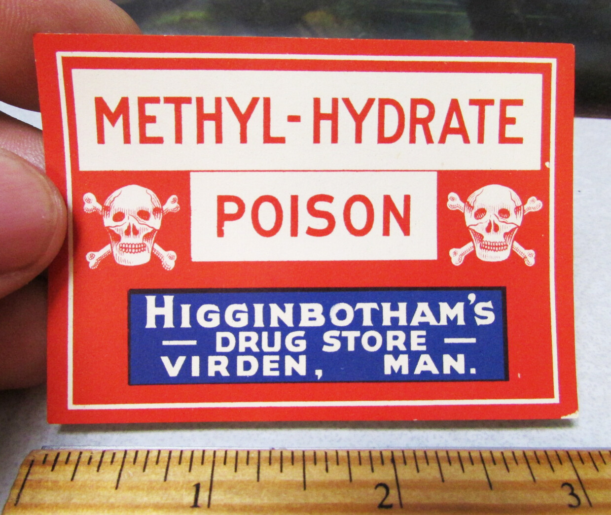 Vintage Original Label, 1900s Poison label Methyl-Hydrate w skull, Virden Canada