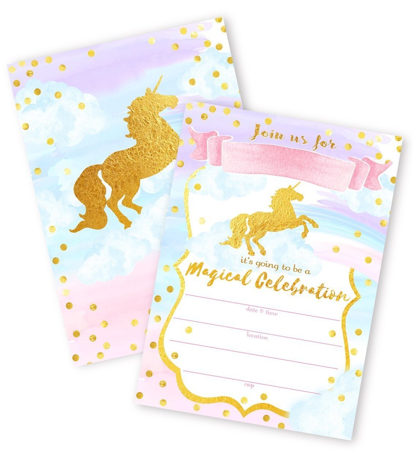Magical Unicorn 12 LARGE Invitations – 12 Invitations + 12 Envelopes – DOUBLE…