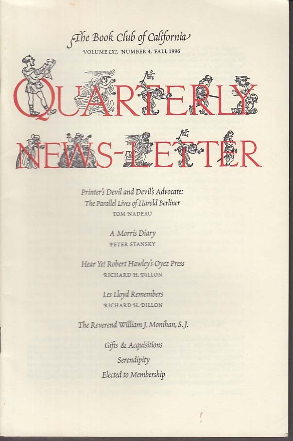 Book Club of California Quarterly Fall 1996 Harold Berliner Oyez Press Les Lloyd