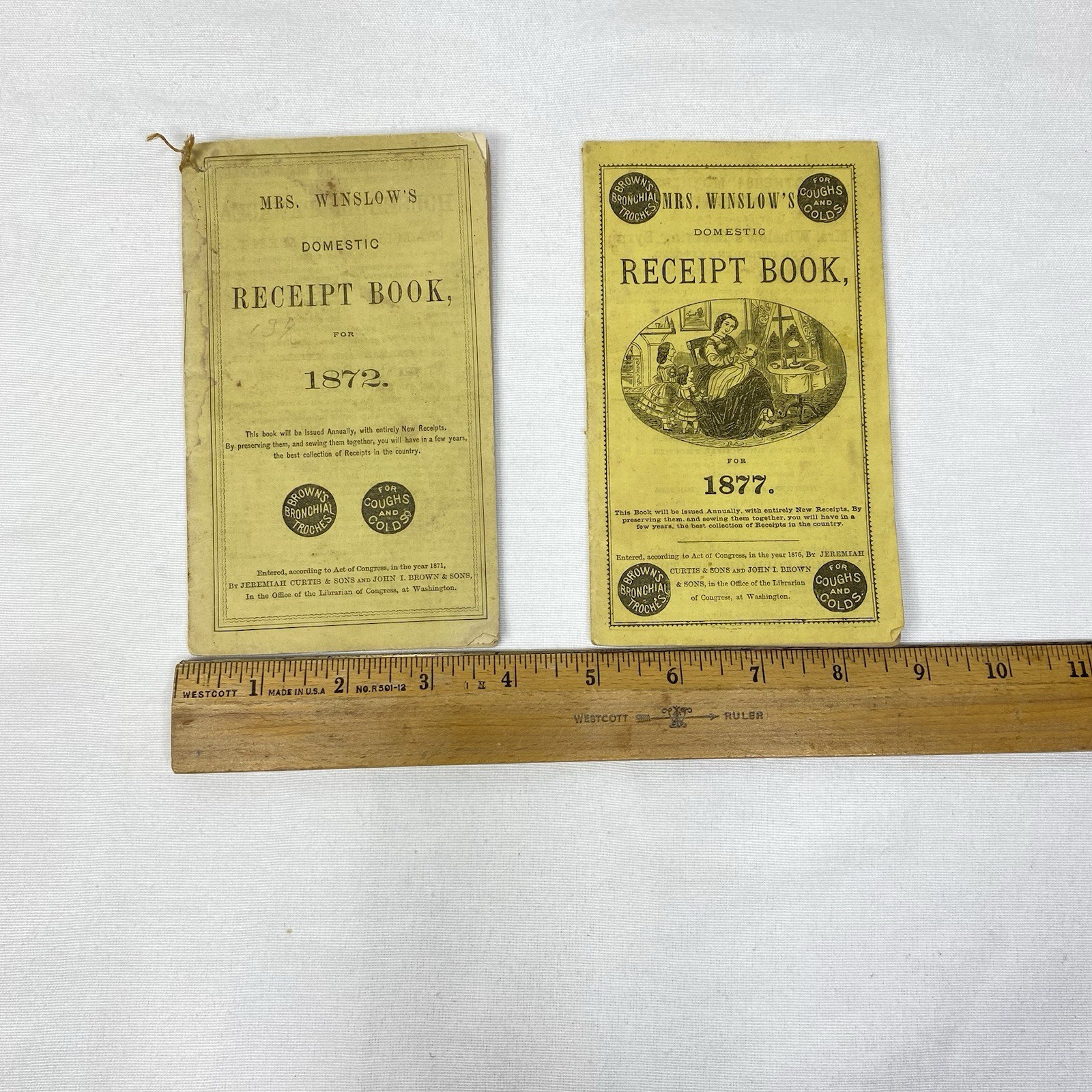 Lot of 2 Mrs Winslow’s Receipt Books 1872, 1877 Brown’s Bronchial Troches