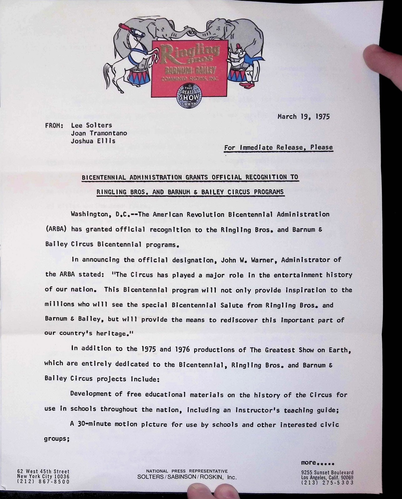Ringling Bros Barnum & Bailey Circus Press Release 1975 Bicentennial Programs