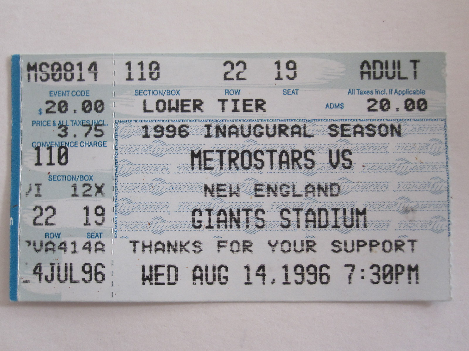 NY NJ METRO STARS vs NEW ENGLAND REVOLUTION TICKET STUB 1996 INAUGURAL SEASON